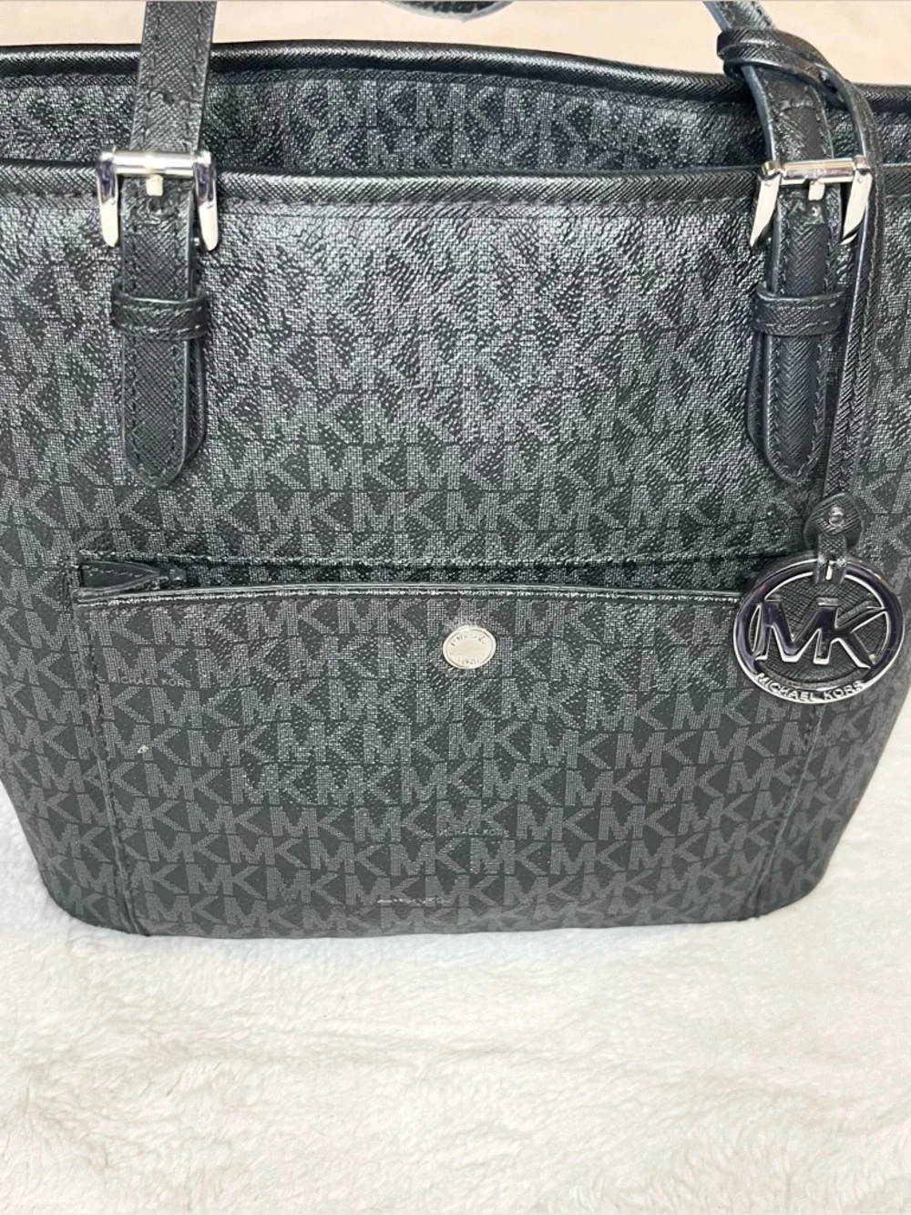 Michael Kors Black Signature MK Logo Jet Set Tote Bag with Front Pocket